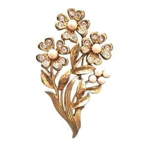 Romantic Mid Century Brooch Textured Goldtone Rhinestones Pearl Beads Floral Pin